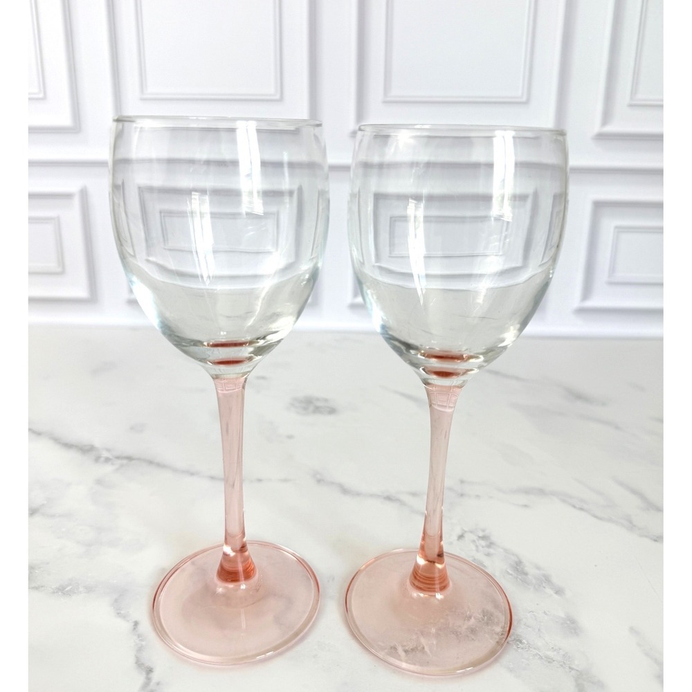 VTG Pair Arcoroc France Pink Stem 7 3/4" Tall White Wine Glasses